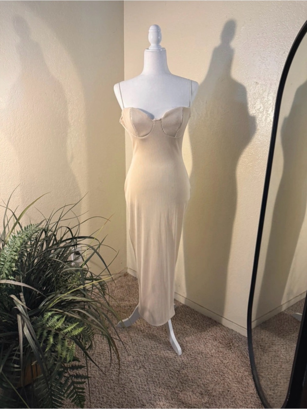 Brand New Prettylittlething Sleeveless Cream Bodycon Midi Dress